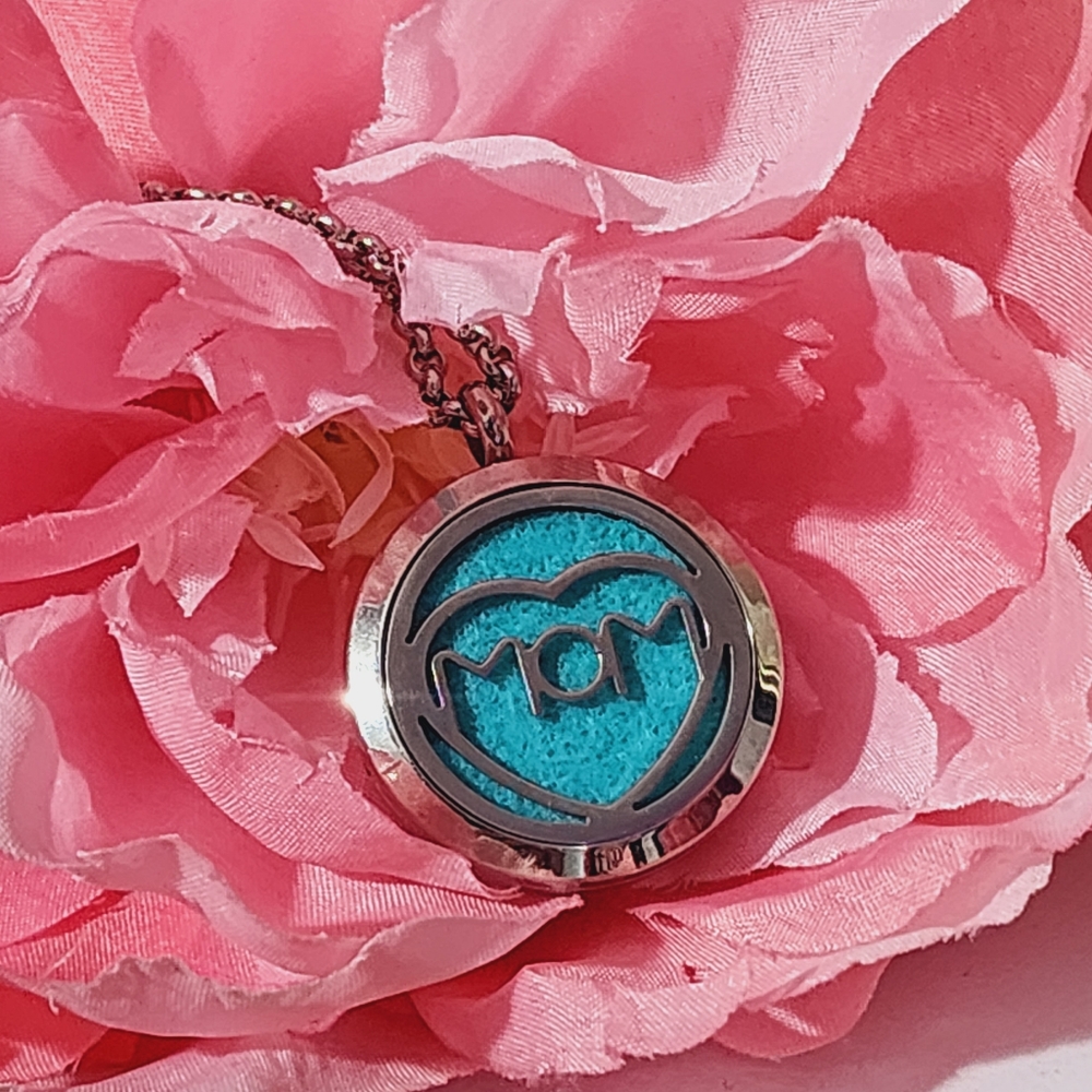 Mom stainless steel aromatherapy locket with stainless steel chain.